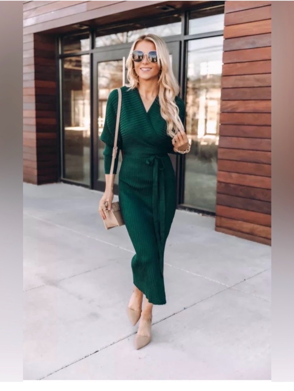 Pink Lily Emerald Green Wrap Ribbed Midi Dress